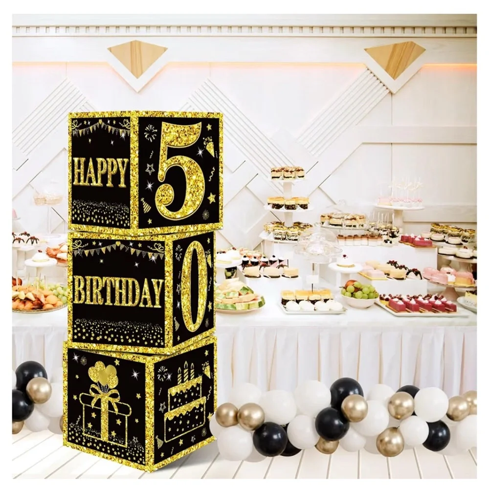 50th Birthday Decorations 3 pc. Boxes , Men Women, Black Gold Happy 50 Birthday